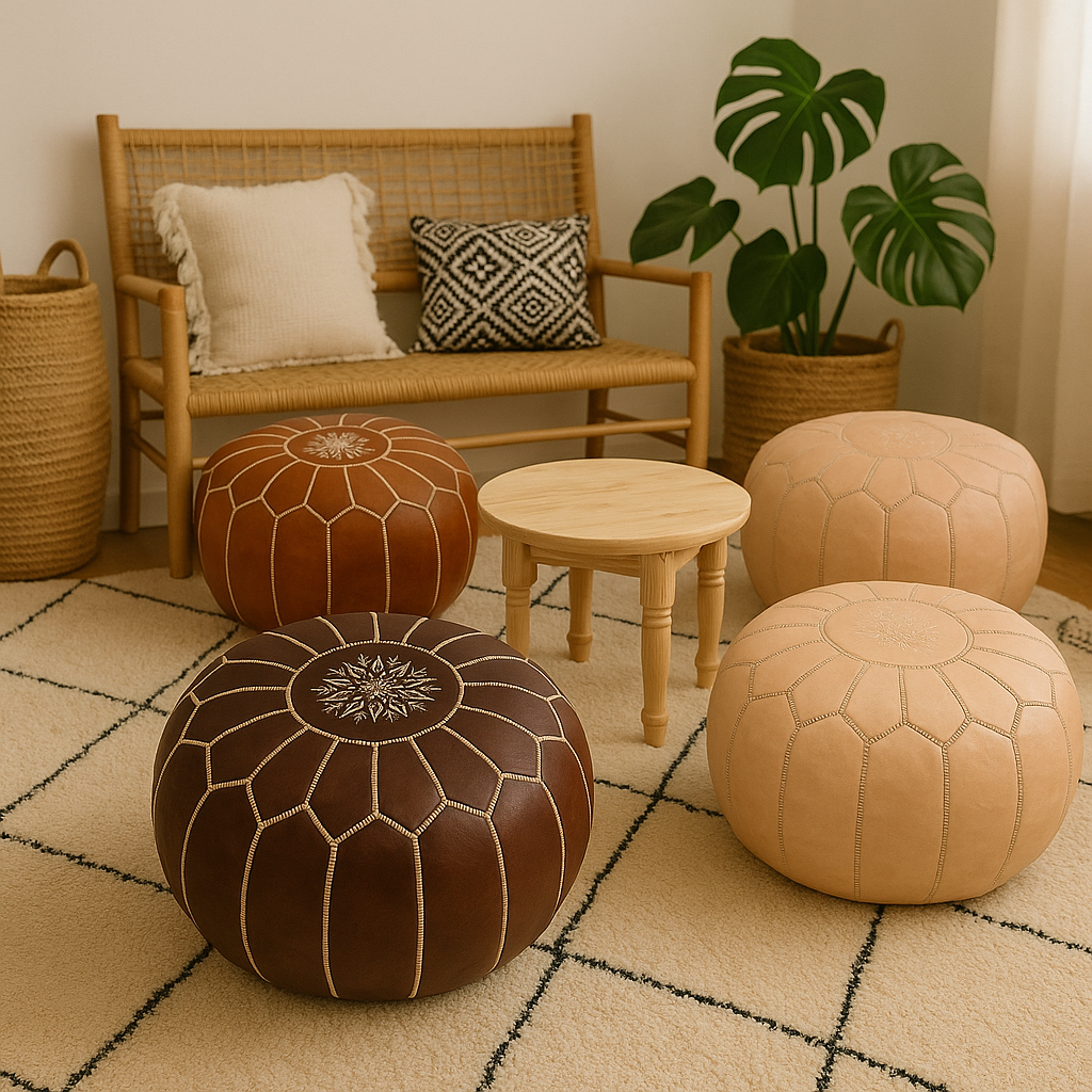 Authentic Moroccan Leather Pouf Ottoman – Handcrafted Round Footstool with Hand-Stitched Detailing – Genuine Leather Seating, Extra Seat, Footrest or Side Table – Boho Chic Home Decor Accent