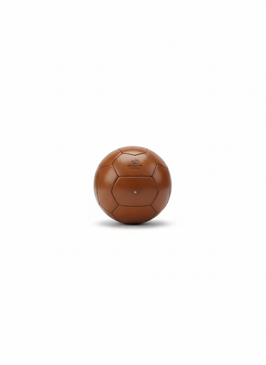 Vintage Leather Soccer Ball with Wooden Stand – Classic 32-Panel Design, Hand-Stitched Retro Football Collectible – Decorative Display Piece for Sports Lovers & Home Decor