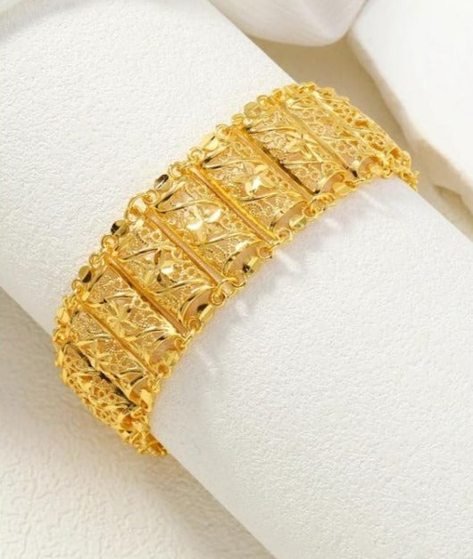 Exquisite Gold Plated Wide Filigree Cuff Bracelet – Elegant Statement Jewelry for Women, Intricate Rectangular Panel Design, Luxury Gold Plated Bracelet for Weddings, Parties & Special Occasions