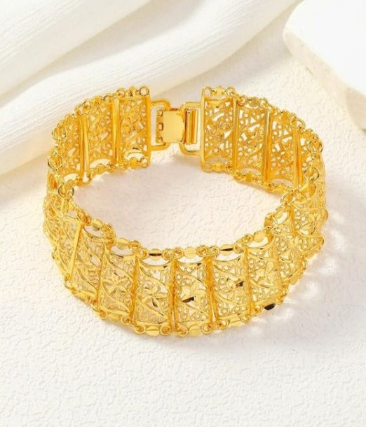 Exquisite Gold Plated Wide Filigree Cuff Bracelet – Elegant Statement Jewelry for Women, Intricate Rectangular Panel Design, Luxury Gold Plated Bracelet for Weddings, Parties & Special Occasions