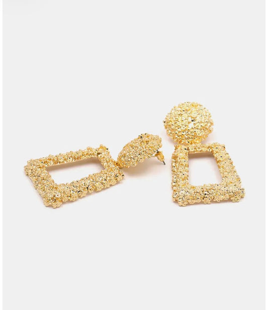 Gold Tone Crystal Statement Earrings for Women – Bold Geometric Dangle Drop Earrings with Textured Circular Stud & Rectangular Frame – Lightweight Jewelry for Parties, Weddings & Special Occasions