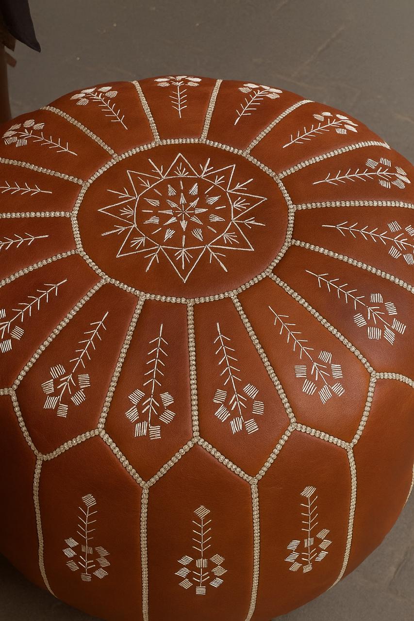 Authentic Moroccan Leather Pouf Ottoman – Handcrafted Round Footstool with Hand-Stitched Detailing – Genuine Leather Seating, Extra Seat, Footrest or Side Table – Boho Chic Home Decor Accent