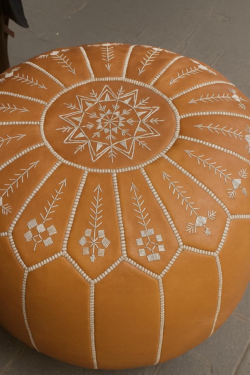 Authentic Moroccan Leather Pouf Ottoman – Handcrafted Round Footstool with Hand-Stitched Detailing – Genuine Leather Seating, Extra Seat, Footrest or Side Table – Boho Chic Home Decor Accent