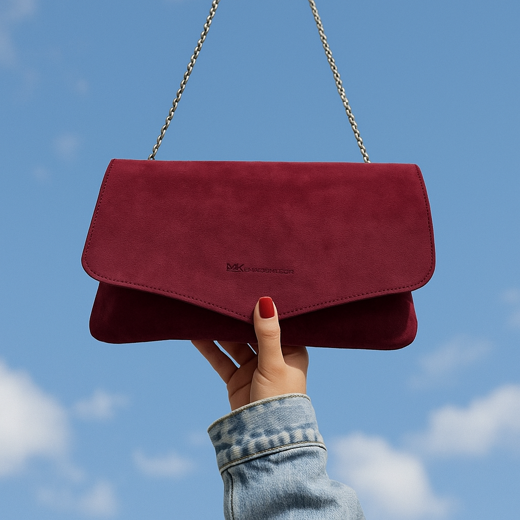 Elegant Burgundy Suede Clutch Bag for Women – Luxury Red Purse with Fold-Over Flap, Silver Chain Strap – Versatile Shoulder Bag, Crossbody Bag, or Evening Handheld Clutch – Stylish Fashion Handbag