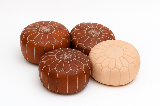 Authentic Moroccan Leather Pouf Ottoman – Handcrafted Round Footstool with Hand-Stitched Detailing – Genuine Leather Seating, Extra Seat, Footrest or Side Table – Boho Chic Home Decor Accent