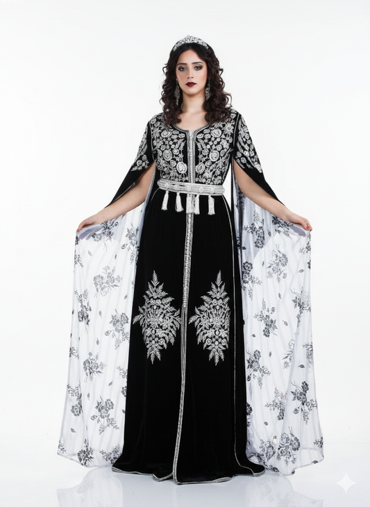 Elegant Black and Silver Moroccan Caftan for Women – Hand-Embroidered Velvet Kaftan Dress with Silver Belt & Cape Sleeves – Luxury Abaya Jellaba for Weddings, Engagements & Special Occasions