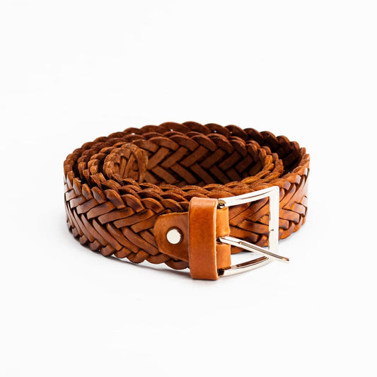 Braided Leather Belt for Men & Women – Genuine Woven Brown Belt with Silver Buckle, Adjustable No-Hole Design, Classic Durable Accessory for Casual & Formal Outfits