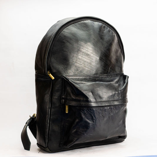 Black Leather Backpack – Genuine Leather Laptop Bag with Spacious Main Compartment, Front Zipper Pocket, Adjustable Shoulder Straps, Durable Unisex Backpack for Work, School, Travel, and Daily Use